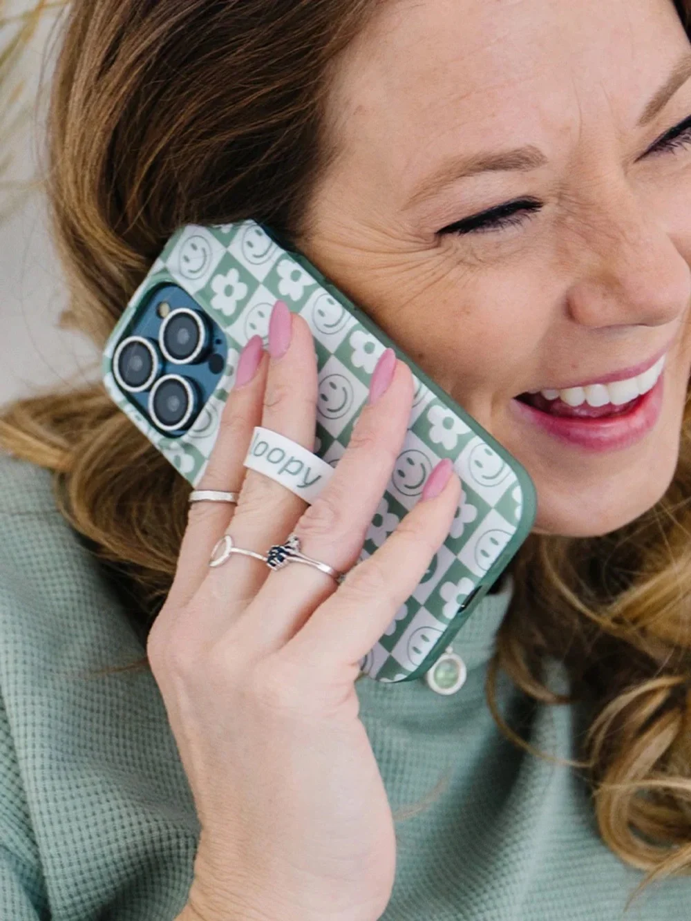 Loopy Sage Green & White Checker Smile + Flower iPhone 15 pro max case